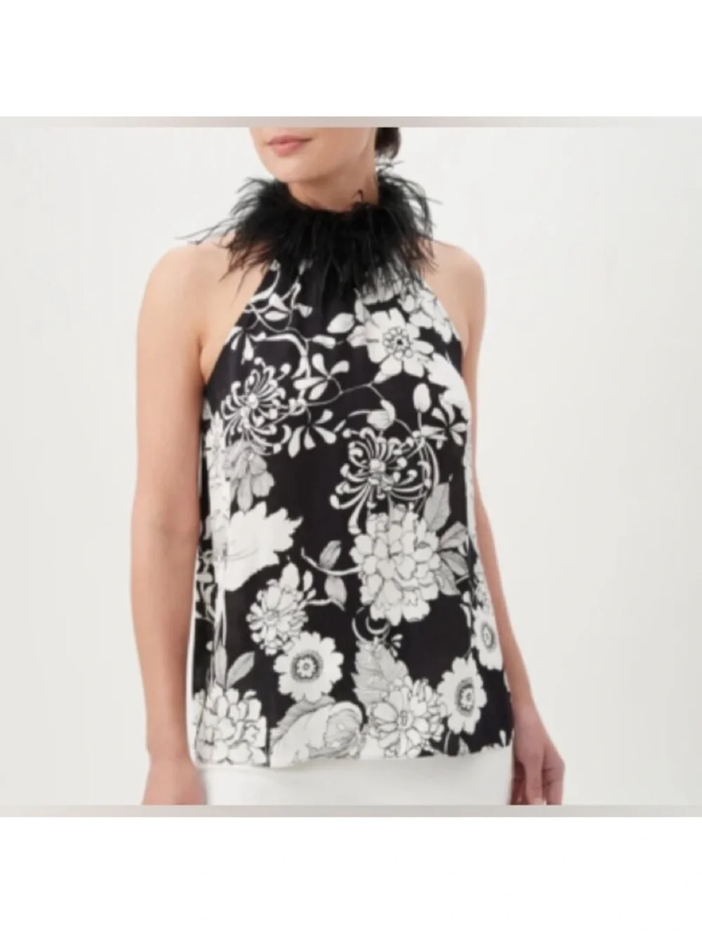 Trina Turk Black and White Floral Halter Top with Feather Trim